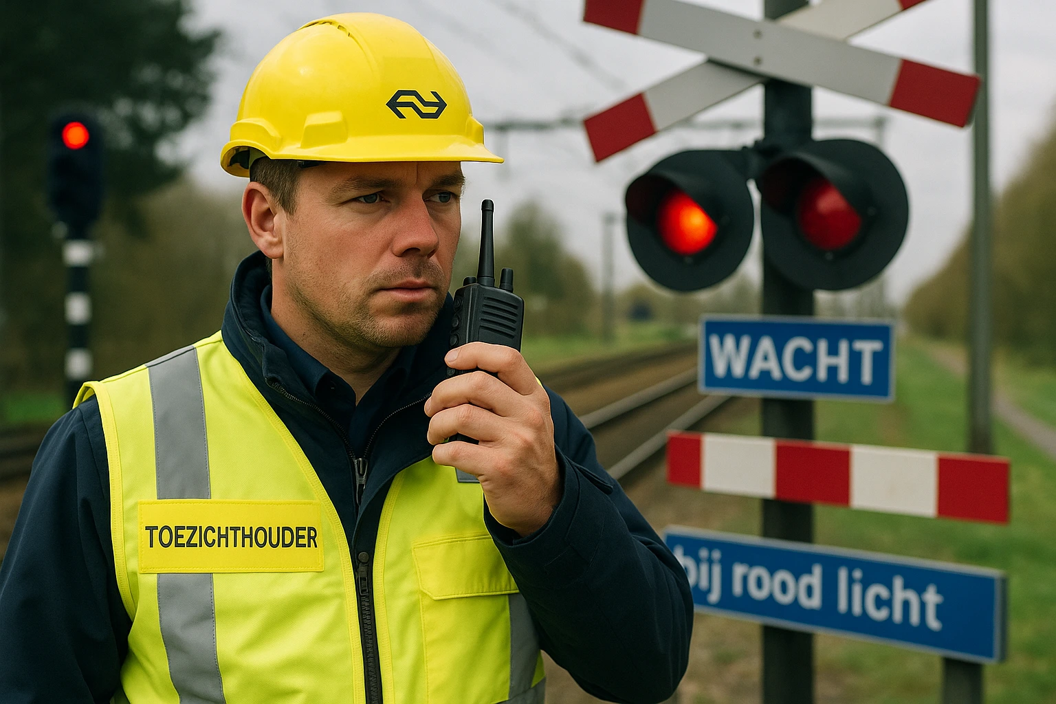 Spoorwegveiligheidssupervisor met NS helm en radio communicatie-apparatuur bij spoorwegovergang met waarschuwingslichten